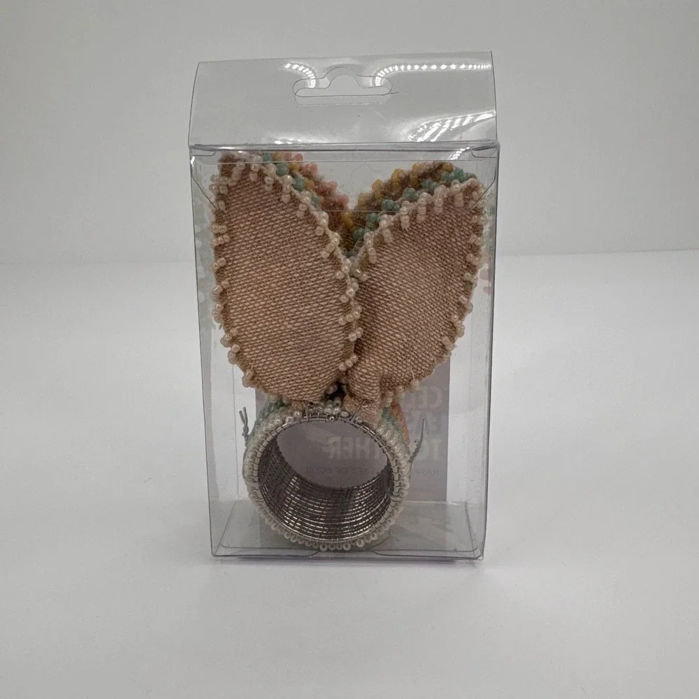 Celebrate Easter Together Bunny Ear Napkin Rings Set of 4 Beaded Pastel Multi‎